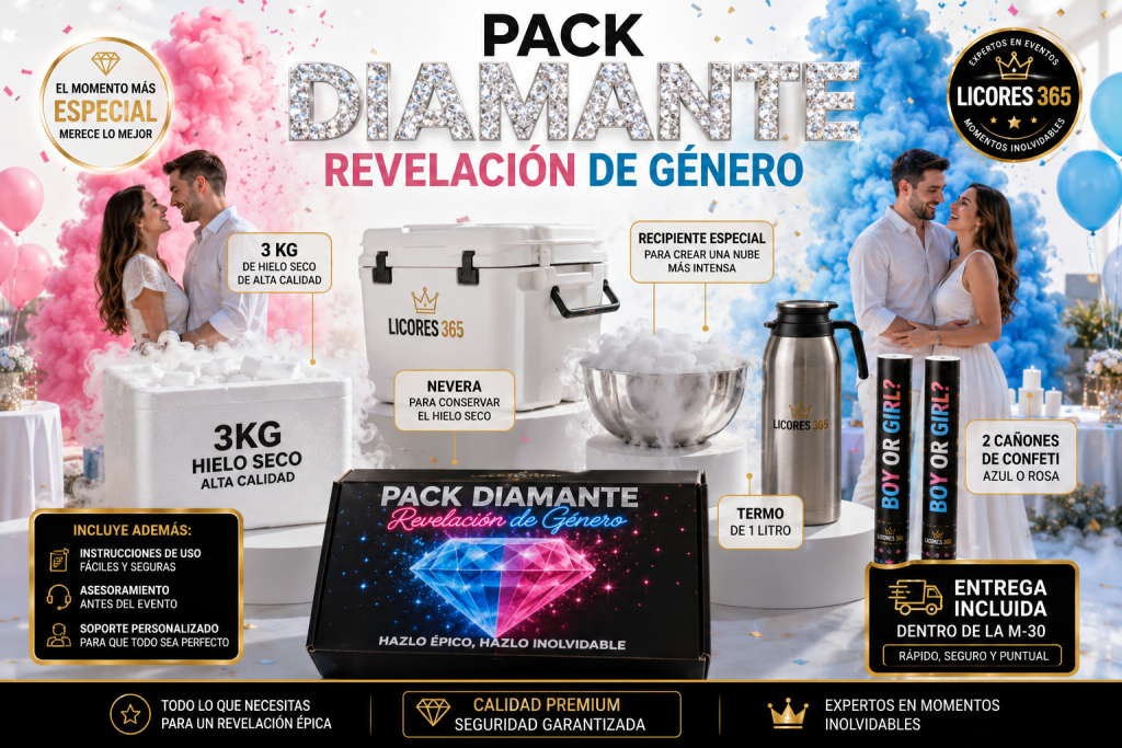Pack Diamante para revelación de género con hielo seco, cañones de confeti y recipiente especial.