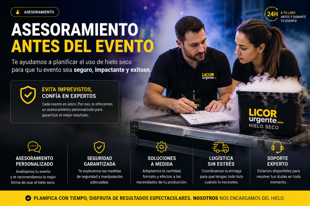 Especialista explicando c&oacute;mo utilizar el hielo seco correctamente antes de un evento.