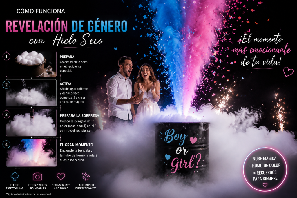 Recipiente con hielo seco generando una nube de humo durante una revelación de género.