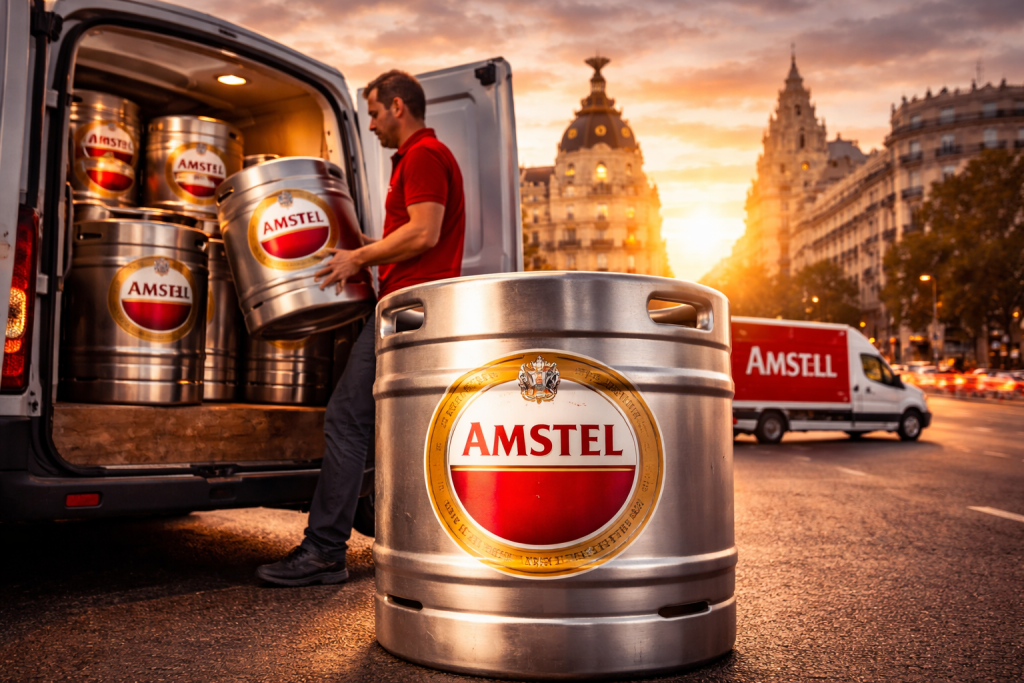 Equipo profesional realizando una entrega urgente de barriles Amstel.