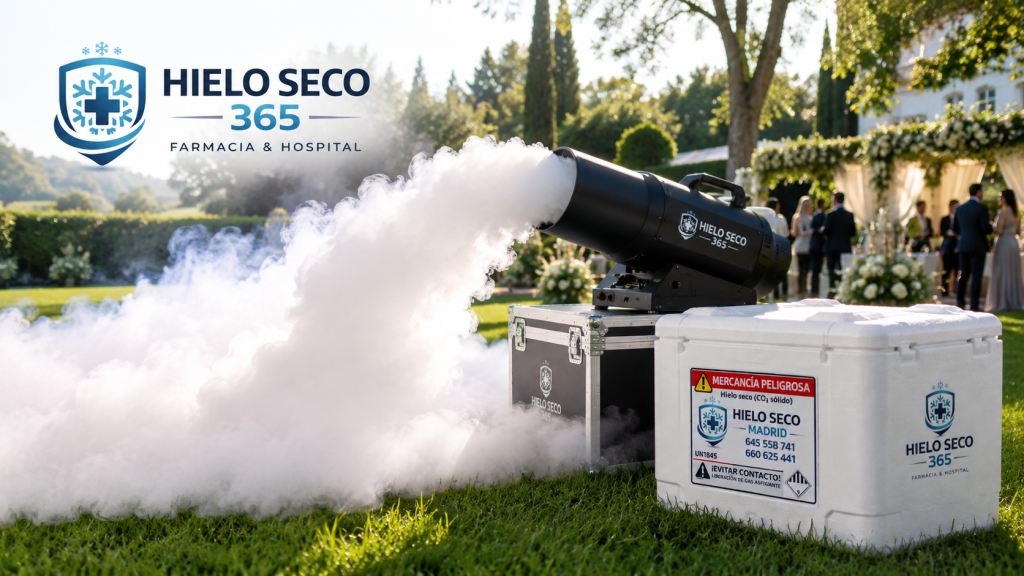 Hielo seco generando una nube de humo blanco para efectos especiales en un evento.
