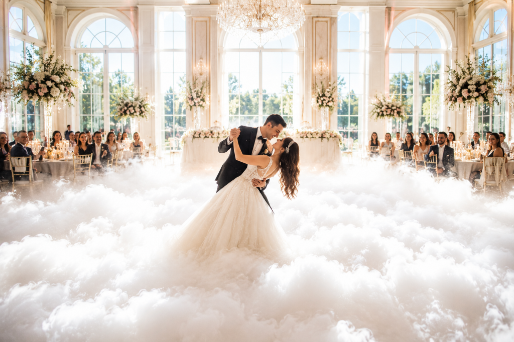 Novios bailando sobre una nube de humo blanco creada con hielo seco.