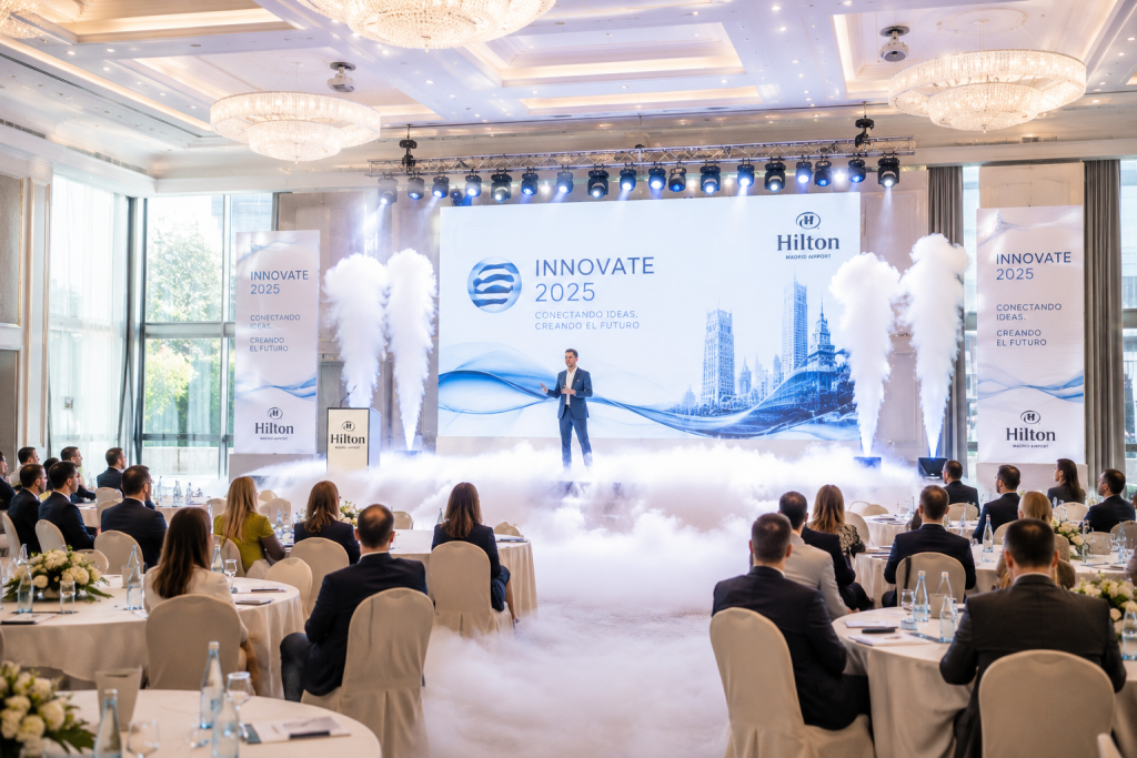 Presentaci&oacute;n de empresa utilizando efectos especiales de hielo seco.