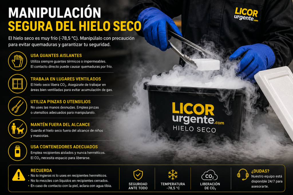 Persona utilizando guantes para manipular hielo seco con seguridad.