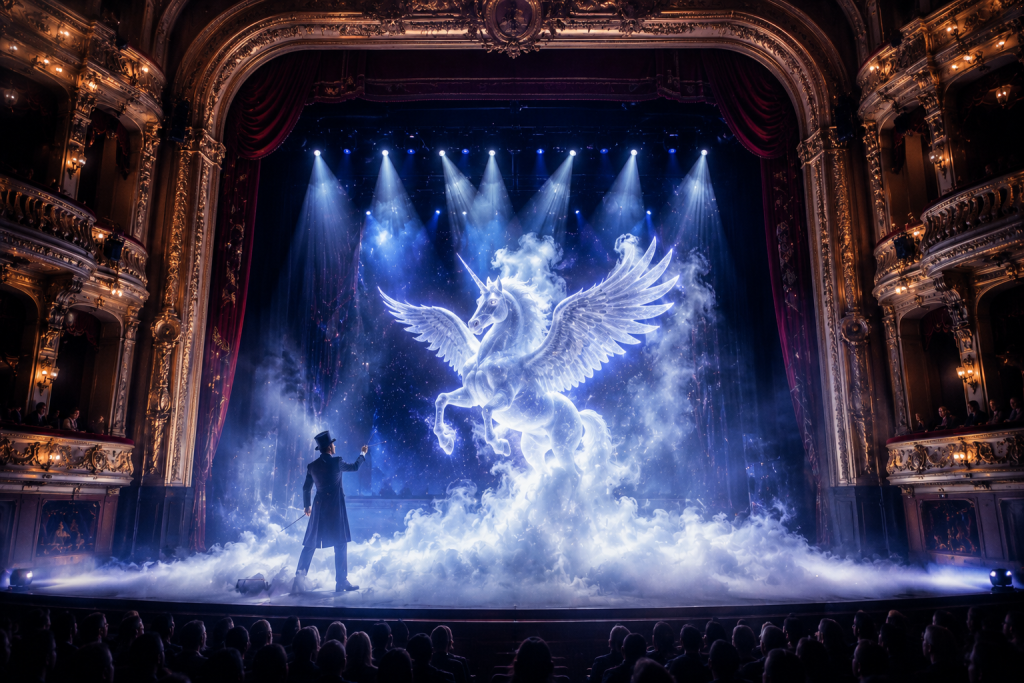 Escenario teatral con niebla baja creada mediante hielo seco.
