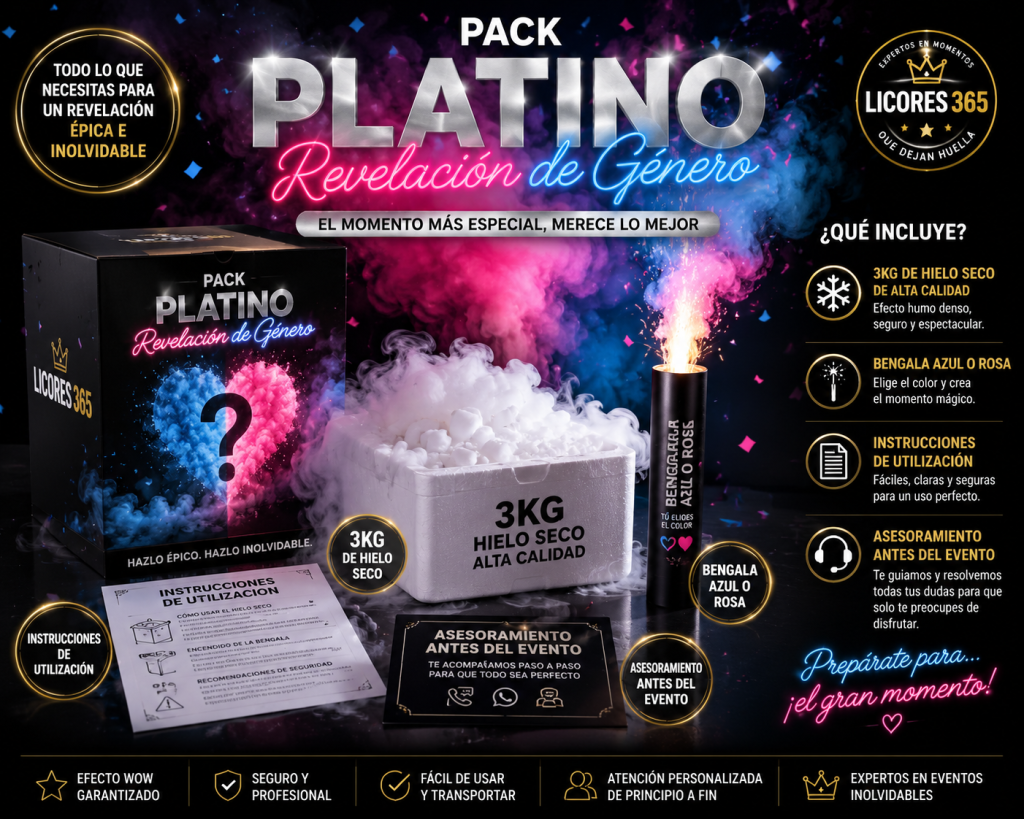 Pack Platino con hielo seco y bengala de color para revelación de género.
