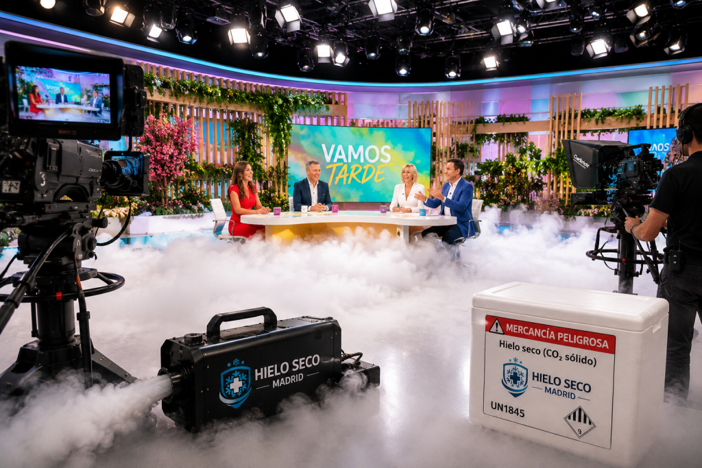 Efecto de humo blanco con hielo seco durante un programa de televisi&oacute;n.