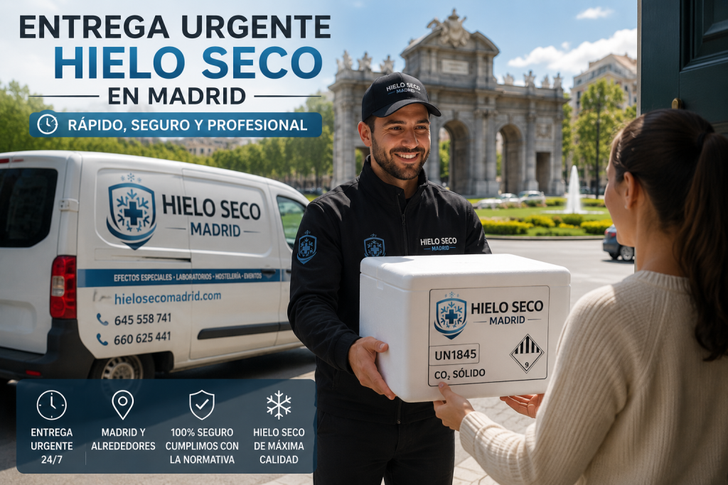 Entrega urgente de hielo seco para eventos y efectos especiales en Madrid.