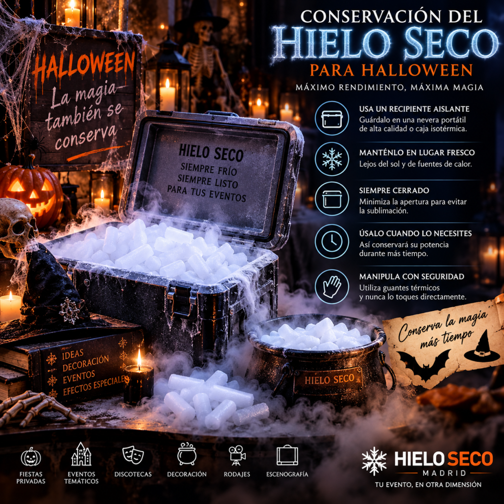 Conservación de hielo seco en recipiente aislante para fiesta Halloween Madrid