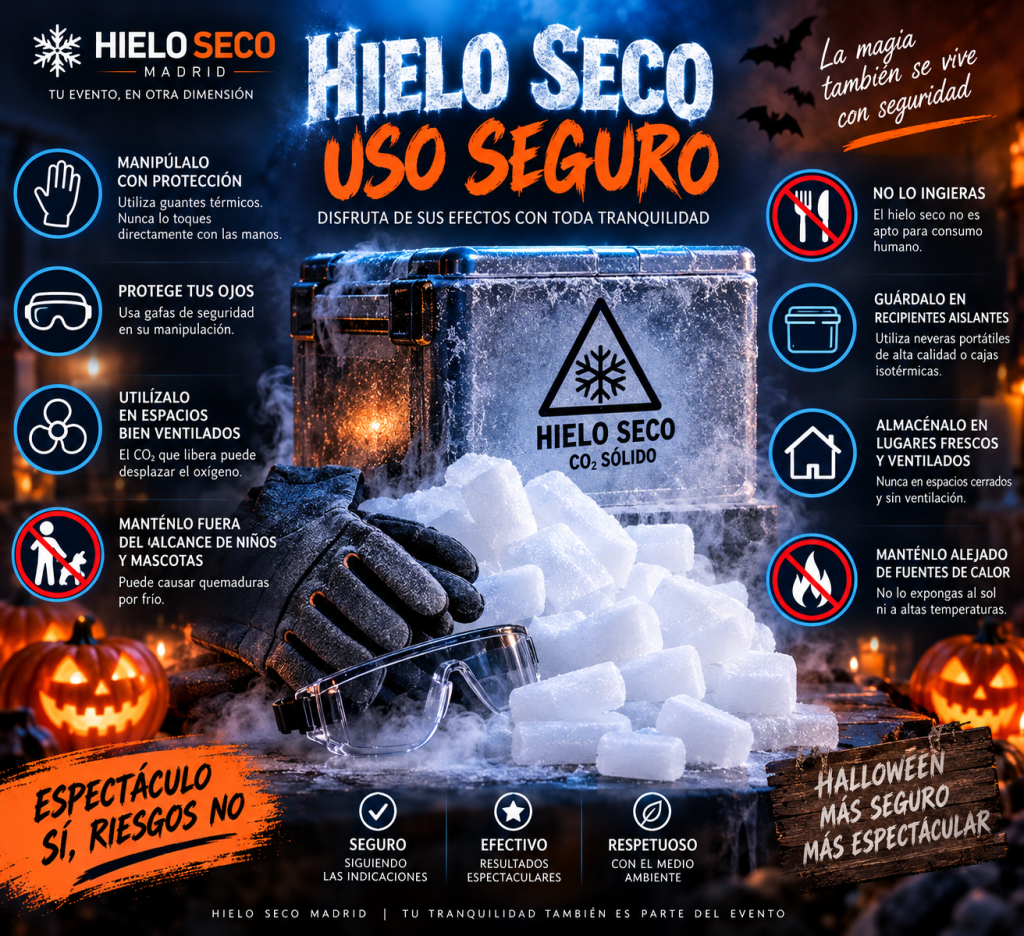 Manipulación segura de hielo seco para fiestas Halloween con guantes adecuados