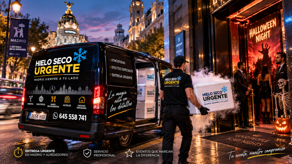 Repartidor realizando entrega urgente de hielo seco para Halloween en Madrid